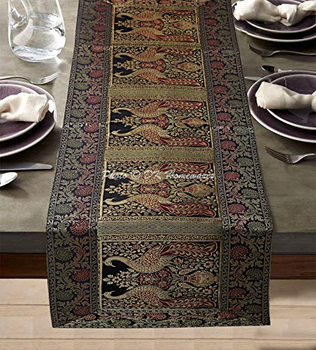 DK Homewares Küchendekor Indisch Schwarz ESS-Herzstück Brokat 60 X 16 Zoll Jacquard Pfau Blumen- 5 Ft Rechteck Tischläufer (150 X 40 cm/Schwarz Gold)