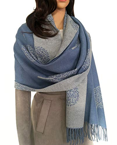 Cashmere Mulberry Tree Blanket Scarf - Reversible Scarf Women Pashmina Shawl, Winter Scarfs Women, Large Wrap, Warm Scarf, Tree of Life Print Ladies Scarves Long Wraps, Womens Gifts (Blue)