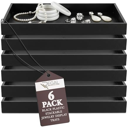 RJ Displays Stackable Jewelry Tray Set, Stackable Plastic Jewelry Organizer Tray, Jewelrys Drawer, Drawers Inserts, Earring Organizer for Women Perfect Trays 14.75x8.25x1 in (Black, 6 Pack)