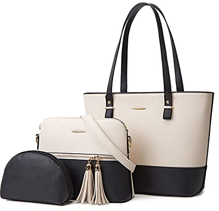 NICOLE & DORIS Damen Schultertaschen Groß Frauen Umhängetasche Designer Elegante Damen Handtaschen 2-Teiliges Set Tote Bag Shopper PU Leder Multifunktion Tasch Weiß mit Schwarz