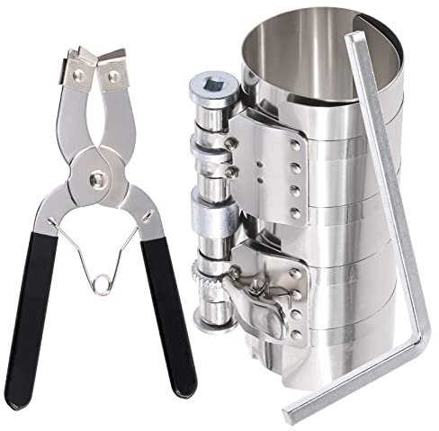 Glarks 3Pcs 6 Piston Ring Compressor Tool Service Set, Car Engine Piston Ring Compressor and Piston Ring Pliers with Adjustable Safety Screws and Wrench for Car Engine, Machine Tractor Pistons