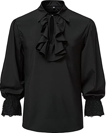 Men's Renaissance Ruffled Frilly Shirts Long Sleeve Medieval Vintage Jabot Collar Pirate Costume Victorian Steampunk Gothic Tops-Black-XL