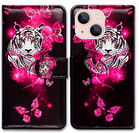 Bcov iPhone 14 Case, White Tiger Butterfly Leather Flip Phone Case Wallet Cover with Card Slot Holder Kickstand For iPhone 14