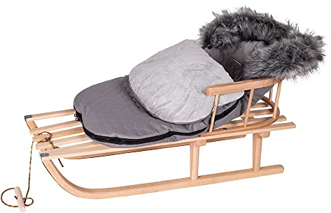 Holzschlitten Kinderschlitten aus Buchenholz Rückenlehne inkl. Zugseil + Winterfußsack Schlittensack Fußsack mit Reißverschluss 48/90 cm Schlitten Metallkufen (grau)