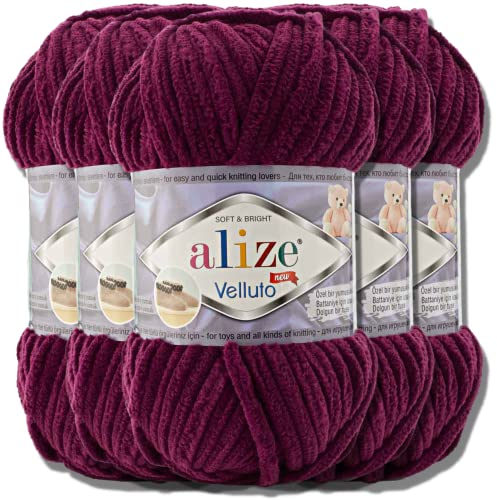Hobby YARN Alize Velluto 5x 100g Türkische Strickwolle super Bulky Wolle zum Häkeln Uni Farbe Babywolle Flauschgarn Filzwolle Kuschelwolle (Plum | 111)