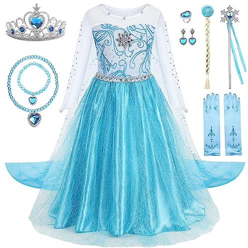 WIOLETA Elsa Kleid Kinder Set, Elsa kostüm mädchen, Blaues Prinzessin Kleid Mädchen Prinzessin Kostüm Mädchen mit Krone, Zauberstab, Halskette, Armband, Ohrringen, Ring, falschen Zöpfen, Handschuhen