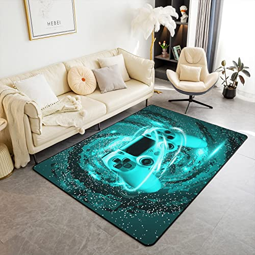 Spiele Akzent Teppich Videospiel Gaming Wohnzimmer Teppiche Kinder Gamer Teal Blue Galaxy Swirl Dekorative Teppich Gamepad Action Buttons Reversible Dekor Akzent Teppich Moderne Teppich 150x200cm
