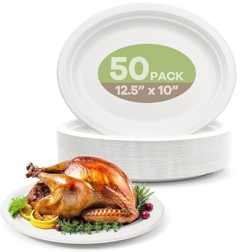 FEHHTO Platos de papel ovalados compostables, 12 pulgadas, 50 unidades, platos de bagazo resistentes, blancos, ecológicos, biodegradables, platos de almuerzo para barbacoa, fiesta, picnic