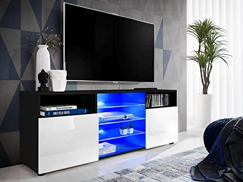 Komodee, TV-Schrank Urbino, Schwarz/Weiß, Breite 140 cm x Höhe 53 cm x Tiefe 35 cm, LED Blau, 3 Glasböden, 2 Fächern mit Türen, 2 offenen Fächern für Wohnzimmer, Schlafzimmer