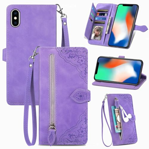 JayModCase Zipper Wallet Case Compatible with iPhone X/XS (5.8 Inch), PU Leather Flip Case, with Wristlet Magnetic Closure Kickstand TPU Shockproof Cover for iPhone X - Purple