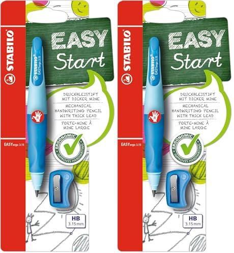 STABILO Ergonomic Mechanical Pencil EASYergo 3.15 - Right-Handed - Pack of 2 - Light Blue/Dark Blue + Sharpener