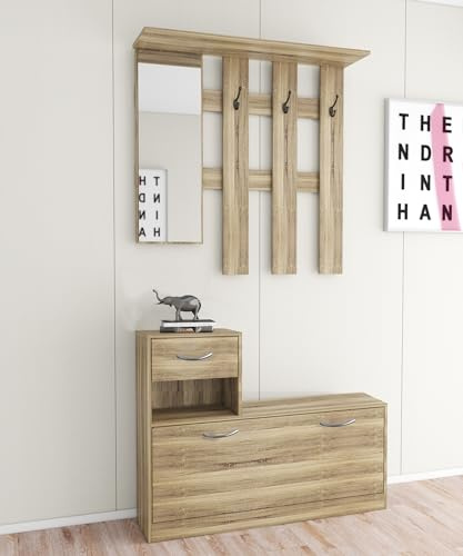 Arredo Stock Mobile da ingresso con specchio e appendiabiti quercia, 100x25x180 cm