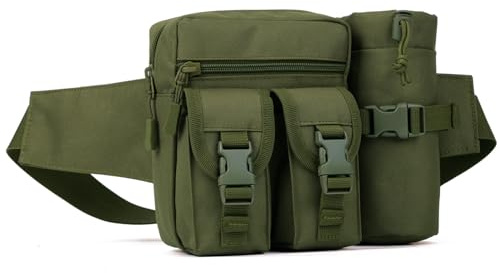 Huntvp Tactical Waist Pack Pouch With Water Bottle Pocket Holder Waterproof Molle Fanny Hip Belt Bag, Army Green, 5.5'' W x 7.1'' H x 2'' D