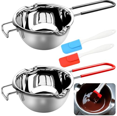 XTUDOU Pack of 2 Water Bath Melting Bowls, Melting Pot 304 Stainless Steel with 2 Spatulas and Heat Resistant Handle for Chocolate, Sugar, Butter, Cheese, Caramel Candles (400 ml)