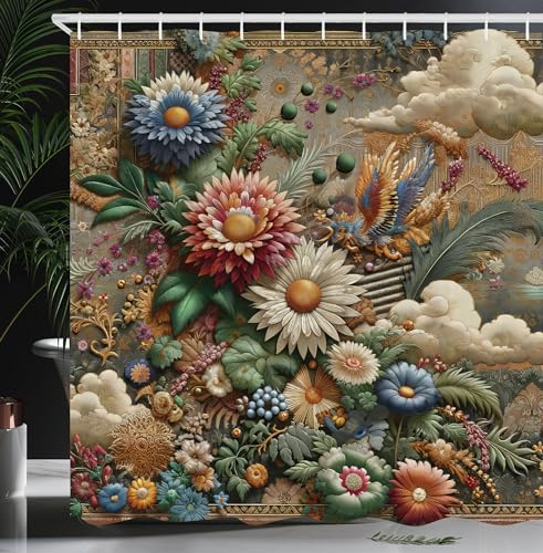 ABAKUHAUS Blumiger Eukalyptus Duschvorhang, Rokoko Mittelalterlicher Stil Bunte Blumen Wolken Art Nouveau Garden, Stoffliches Gewebe Badezimmerdekorationsset mit Haken, 175 x 200 cm, Sepia Mehrfarbig
