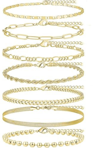 CYWQ 7pcs Gold Ankle Bracelets for Women,14k Gold Plated Waterproof Layered Cuban Figaro Link Chain Anklets Set Women Jewelry Gift Adjustable (Gold)