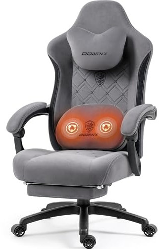 Dowinx Gaming Stuhl Stoff mit Beheizter Massage Lendenwirbelstütze, Gamer Stuhl mit Tasche Frühling Kissen und Fußstütze, Roß und Hoch Gamer 150 kg Belastbarkeit (Grau)