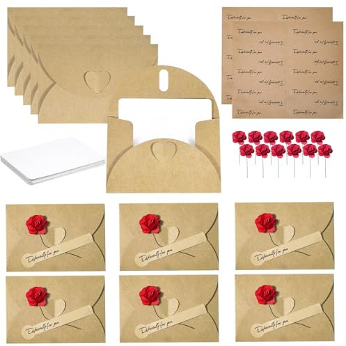 Prebarfun 20 Stück Mini Briefumschläge mit Blanko Papier Karten, Vintage Mini Kraftpapier Umschläge mit Segensaufkleber, Rosen, Klein Briefumschlag mit Herz Verschluss für Geschenkkarten DIY