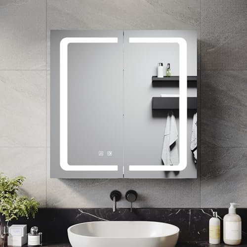 ELEGANT LED Wall Mounted Bathroom Mirror with 2-Door Cabinet, 3 Colors, Dimmable, Shaver Socket, Demister Pad, Touch Sensor, Aluminum, 650x650mm