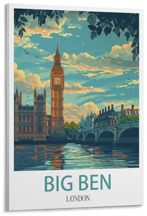 HSAYYIII Big Ben London Vintage-Reiseposter, 50 x 75 cm, Leinwand-Kunst, Poster und Wandkunst, Bild, Druck, Schlafzimmer-Dekor