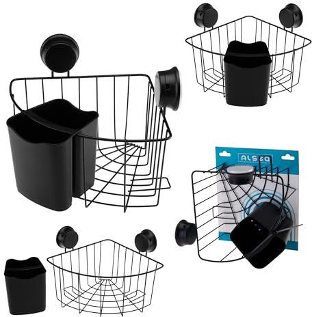 ALSEA Kendi Étagère de douche sans perçage - Organiseur de salle de bain - Étagère d'angle - Panier en métal - Étagère de douche à suspendre - Crochet ventouse - Noir - Rond