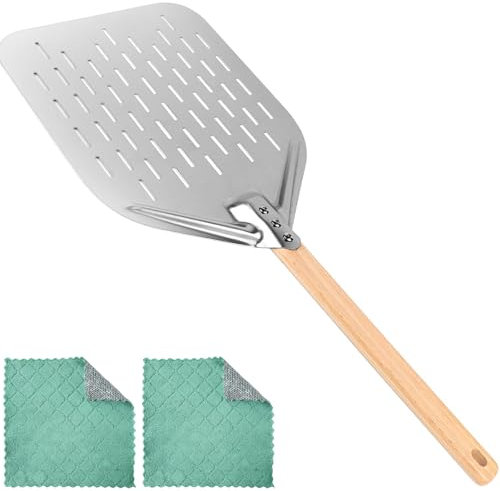 RHAFAYRE Pala de pizza perforada, pala de pizza de aluminio de 12 pulgadas, espátula para pizza antiadherente, pala de metal con mango de madera y paño de limpieza, espátula para pizza para horno y