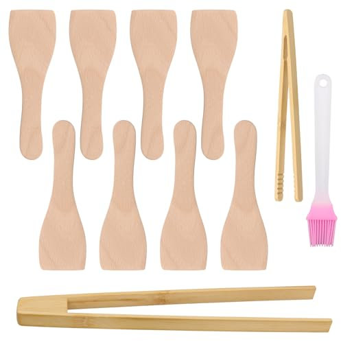 BORISCA 8 PCS Spatule Raclette Bois, Spatule Cuisine Bois Spatule Raclette en Bois avec 2 PCS Pince en Bois Pince Grille Pain et 1 Brosse à Graisse, Ustensiles de Cuisine Bois pour la Cuisine