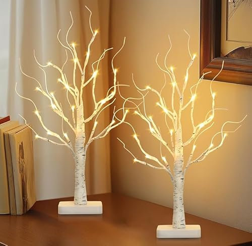 EAMBRITE Set of 2 White Twig Tree with Lights, Prelit Small Easter Tree, Christmas Tabletop Decorations Indoor for Home Wedding Fireplace Decor (Warm White/Battery)