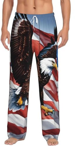 Hose für Herren, Motiv: Adler mit USA-Flagge, warme Pyjamahose, Schlafhose, leicht, mit Kordelzug, Weiss/opulenter Garten, Large