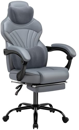 HLFURNIEU Chaise Gaming Ergonomique, Fauteuil Gaming avec Appui-tÊte et Support Lombaire, Chaise Gamer avec Repose-Pieds TÉlescopique et Accoudoirs de Liaison, Réglable en Hauteur, Fauteuil Gamer Gris