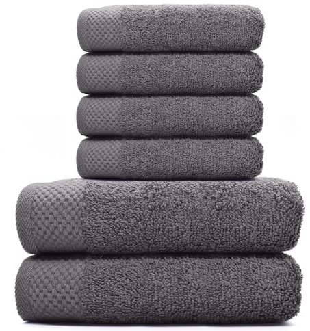 HIPERMANTA Juego Toallas (4 Toallas Lavabo 50x90 y 2 Ducha 70x140) Toallas Suaves, Resistentes y Absorbentes. No Pierden Color. Rizo Americano. Color Gris