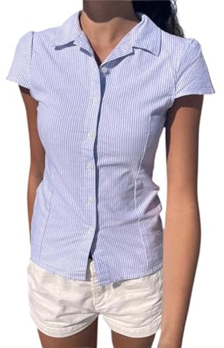 YILEEGOO Women's Basic Button Down Shirts Cap Sleeve Lapel Collar Tight Blouse Tie Up Back Slim Fit Tops Summer Office Shirt (Z2-Blue, M)