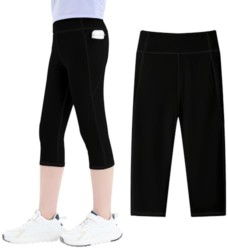 JinBei 3/4 Leggings Mädchen Sportleggings mit Taschen, GR. 110-152 | Elastische Hohe Taille Sporthose, Capri Legging, Yogaleggings, Trainingshose Knielang, Einfarbig, für Fitness Gym Tanz