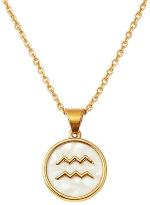 Acura-Styles Damen Sternzeichen Kette Wassermann 18 Kt. Vergoldet Edelstahl Wasserfest Nickelfrei Hypoallergen Perlmutt Anhänger 45cm Sternzeichen Geschenke