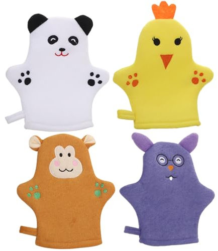 Lot de 4 gants de toilette pour bébé adorables animaux exfoliants pour le corps avec ours poussin singe et souris pour le bain et la douche des tout-petits