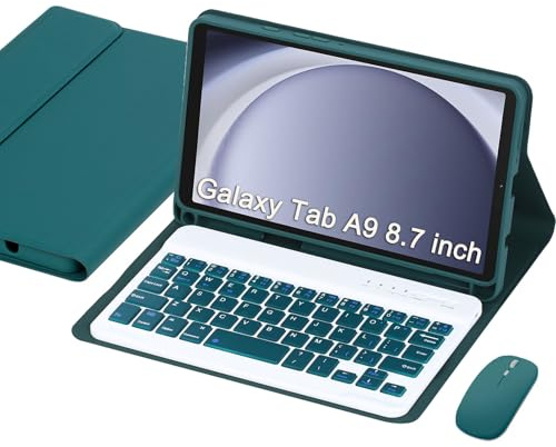 Keyboard Case for Samsung Galaxy Tab A9 8.7 Inch 2023, Wireless Detachable Keyboard and Mouse, Thin & Light Case with S Pen Holder, PU Folio Stand, Compatiblity with SM-X110/X115/X117 (Dark Green)