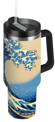 Niigeu Anime Grande Vague Kanagawa Bouteille d'eau Isotherme avec Paille en Acier Inoxydable Gourde, Sans BPA Gourdes Eau pour Enfant Sport Randonnée École Bureau