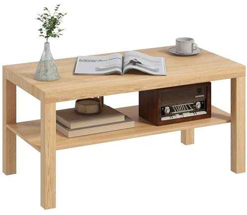 HOMCOM Klassischer rechteckiger Wohnzimmertisch mit großem Holzregal, Moderner Couchtisch für Wohnzimmer und Büro, 90x45x44,5 cm, Naturholz
