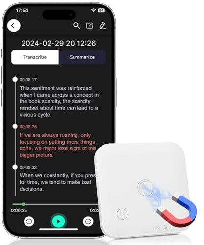 SOXOI KI Digitales Diktiergerät, 64GB Magnet Mini Aufnahmegerä mit ChatGPT 4o vom Transkribieren und Zusammenfassen für 102 Sprachen,One Touch Aufnahme, Voice Recorder Sprachrecorder (Weiss)