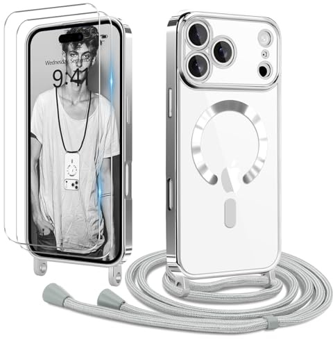 Ethanger Handyband für iPhone 17 Pro Hülle mit Band + 2 Stück Glas Schutzfolie Transparent Silikon Handyhülle Magnetische Schutzhülle Case zum Umhängen Kordel für iPhone 17 Pro Silber