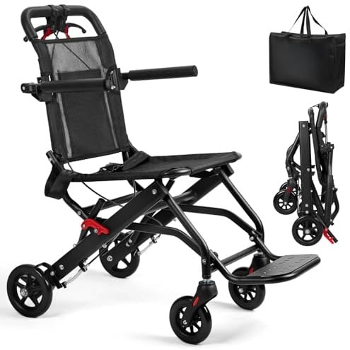 Rollstuhl Faltbar Leicht, 6,2 kg Ultraleicht Reiserollstuhl, Klappbarer Transportrollstuhl für ältere und Behinderte, Aluminium Rollstuhl mit Fußstütze, Tragetasche, Belastbarkeit bis 129 kg (Schwarz)