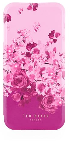 Ted Baker Pink Scattered Flowers Mirror Folio Phone Case for iPhone 17 Pro Gold Shell
