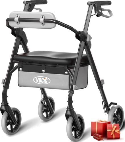 VOCIC Z11 Rollator faltbar und leicht mit Sitz,Max 172kg,Schmal für wohnung | Rollatoren leicht klappbar für Senioren, Sitz & Griff – Ergonomisch & Höhenverstellbar,Walker Obsidian, 5 Jahre Support