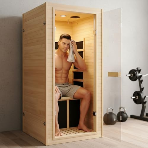 DWKWE Personal Far Infrared Sauna Cabin – Wooden Dry Sauna with Carbon Crystal Heaters, 110V for Indoor Use, Promotes Wellness and Rejuvenation