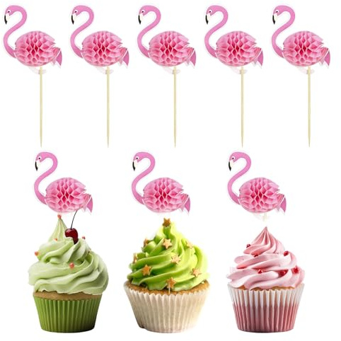 50 Stück Flamingo Tortendeko - Flamingo Deko Cocktail Deko Cupcake Topper Hawaii Party Kuchen Dekoration 3D Waben Design Für Geburtstag Sommerfest Getränke Dessert Zubehör 14,5 x 6 cm