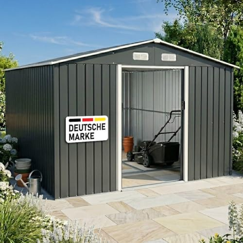 BRAST Gerätehaus Geräteschuppen Metall | TÜV geprüft | viele Größen | 163x89x180-278x323x192cm | Pultdach Satteldach | Gartenhaus mit Schiebetür | Anthrazit | wetterfest wasserdicht | 278x217x192cm