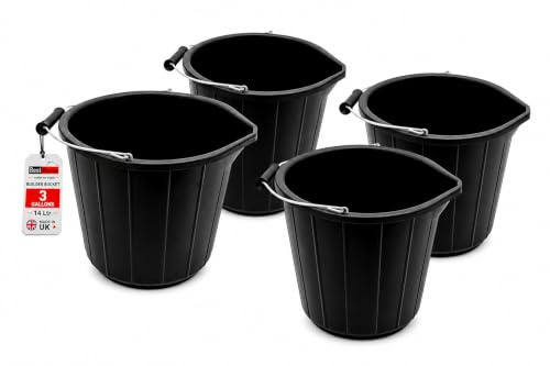 BH | 4 Pcs Black Builders Bucket | 14 Litres | 3 Gallon | Heavy Duty Plastic Bucket with Metal Handle | Water Bucket for Home, Garden & Construction Work | Made in UK - by BEST HOUSE