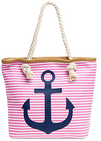 Caspar TS1040 Damen Strandtasche/Shopper mit Reißverschluss und maritimen Streifen Muster und ANKER Muster, Farbe:rosa - dunkelblau, Größe:One Size
