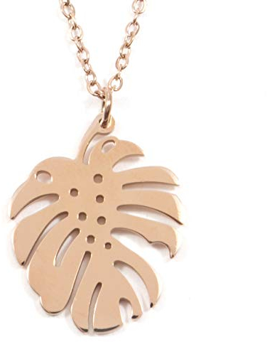 Happiness Boutique Damen Monstera Kette in Rosegold | Zarte Kette mit Fensterblatt Anhänger Tropisches Blatt Muster