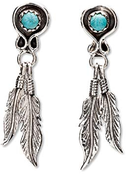 Indianerschmuck Ohrringe mit Türkis und Silberfedern Westernschmuck Navajo Style Lee Shorty Native USA